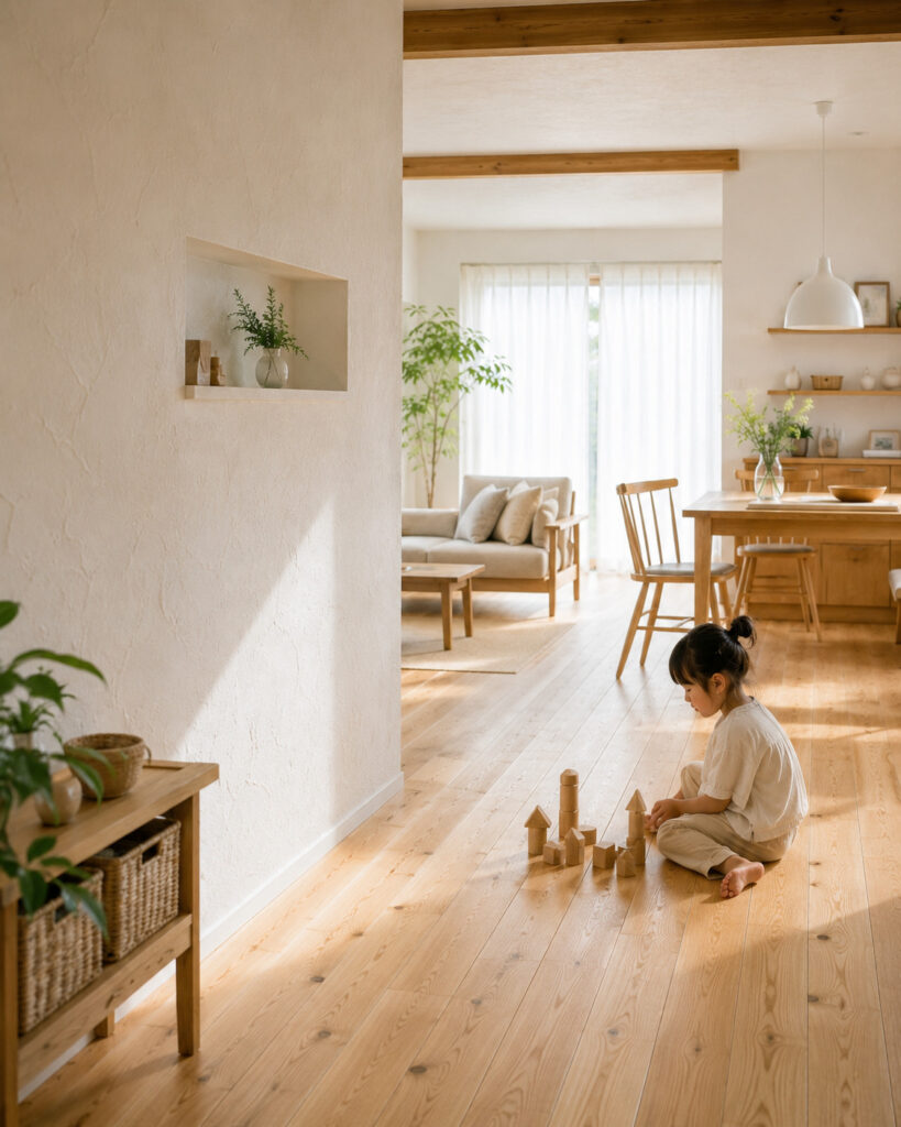 「家に入った瞬間、色が澄んで見える」漆喰と無垢材が叶える花粉・ハウスダストに負けない子育て住宅