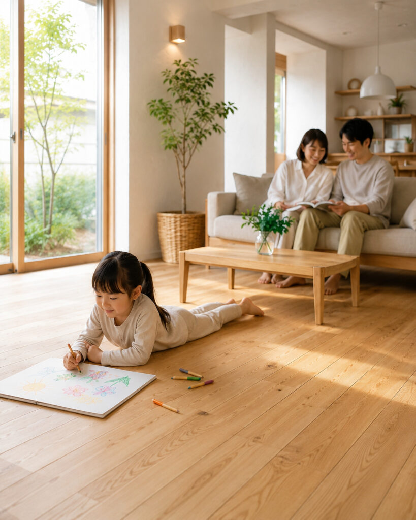 「家に入った瞬間、色が澄んで見える」漆喰と無垢材が叶える花粉・ハウスダストに負けない子育て住宅