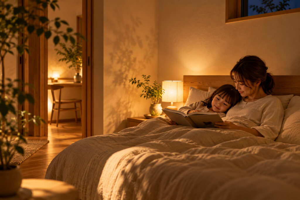 「昼はシャキッと、夜はすやすや」自然素材の“影”と柔らかな反射光で作るあかりの設計