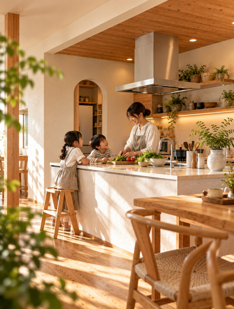 「LDKの一体感が深まる」漆喰の消臭効果で叶える、ニオイが残らないアイランドキッチン＆食育空間